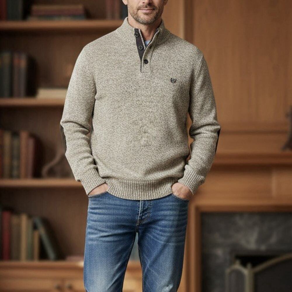 Chaps Knit Sweater Mens Medium Brown Tan Marled Elbow Patches Long Sleeve Cotton